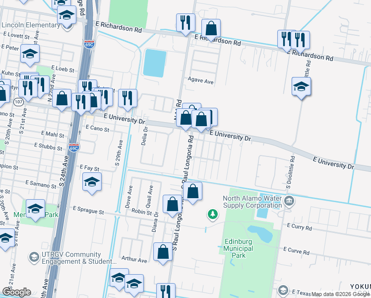 map of restaurants, bars, coffee shops, grocery stores, and more near 205 South Raul Longoria Road in Edinburg