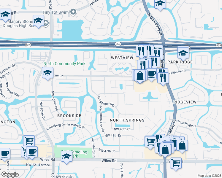 map of restaurants, bars, coffee shops, grocery stores, and more near 9950 Northwest 53rd Court in Coral Springs