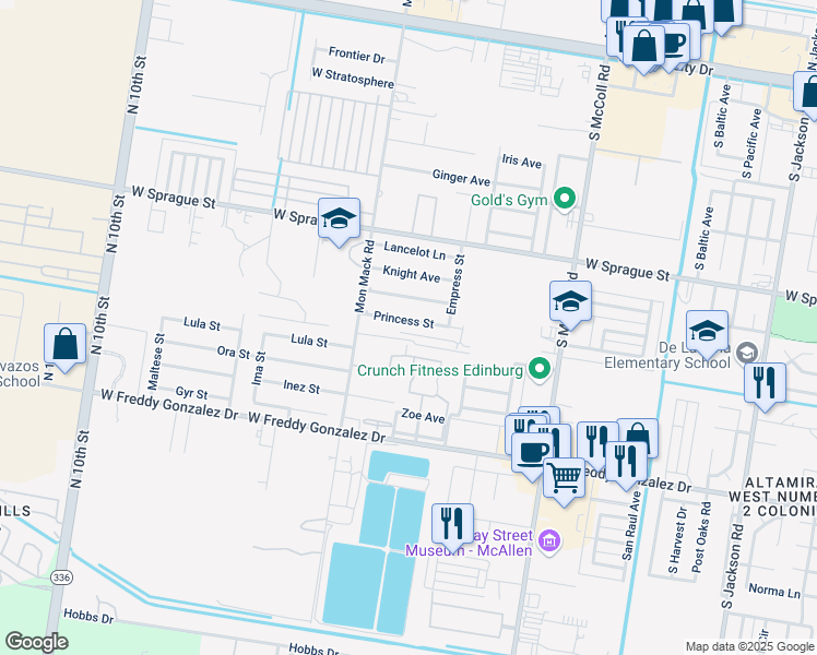 map of restaurants, bars, coffee shops, grocery stores, and more near 3322 Princess Street in Edinburg