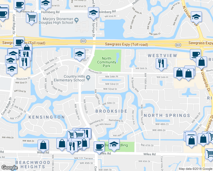 map of restaurants, bars, coffee shops, grocery stores, and more near 10316 Northwest 53rd Court in Coral Springs