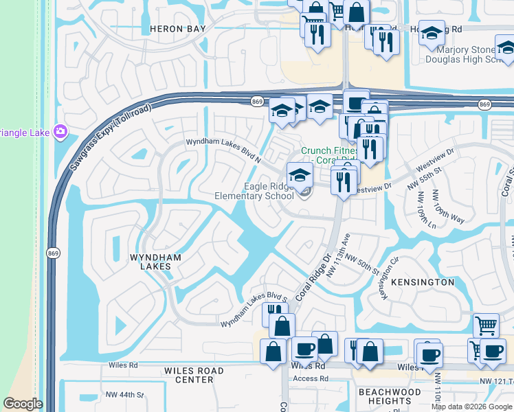 map of restaurants, bars, coffee shops, grocery stores, and more near 5303 Northwest 117th Avenue in Coral Springs