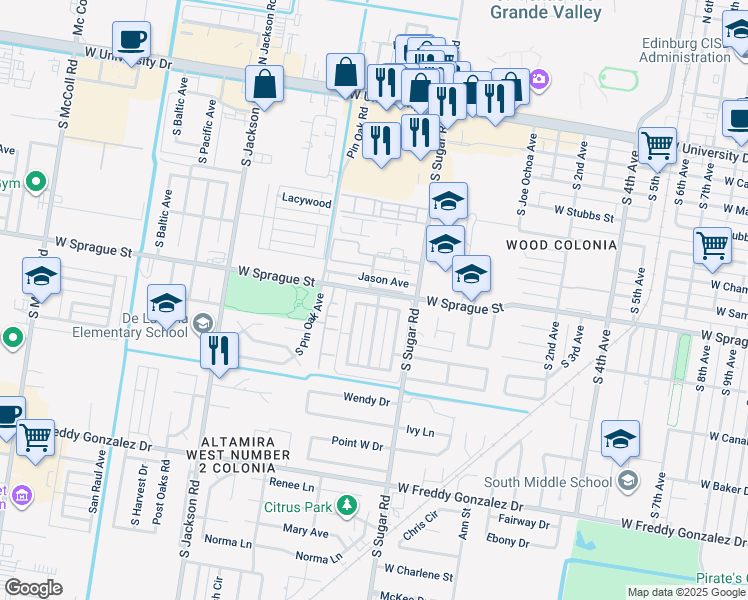 map of restaurants, bars, coffee shops, grocery stores, and more near 1715 Lexington Circle in Edinburg