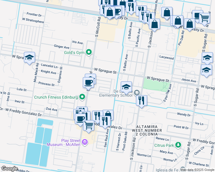 map of restaurants, bars, coffee shops, grocery stores, and more near 2612 Fort Brown Avenue in Edinburg