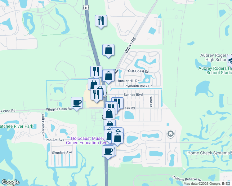 map of restaurants, bars, coffee shops, grocery stores, and more near 1 Sunrise Boulevard in Naples