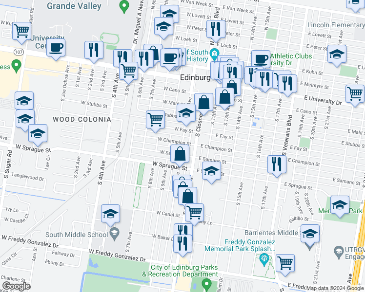 map of restaurants, bars, coffee shops, grocery stores, and more near 122 W Champion St in Edinburg