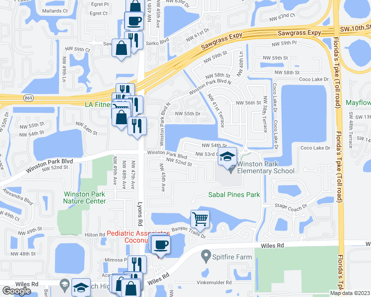 map of restaurants, bars, coffee shops, grocery stores, and more near 4351 Northwest 53rd Court in Coconut Creek