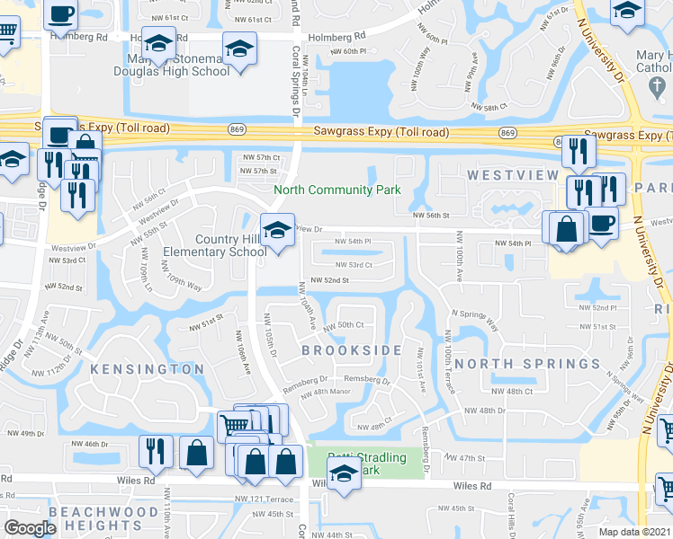 map of restaurants, bars, coffee shops, grocery stores, and more near 10316 Northwest 53rd Court in Coral Springs