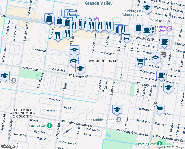 map of restaurants, bars, coffee shops, grocery stores, and more near 1113 West Sprague Street in Edinburg