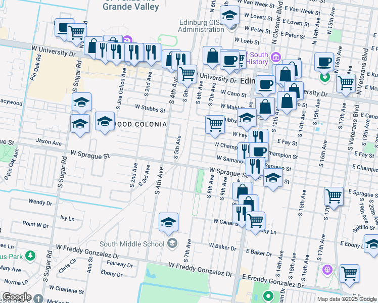 map of restaurants, bars, coffee shops, grocery stores, and more near 6255 South 6th Avenue in Edinburg