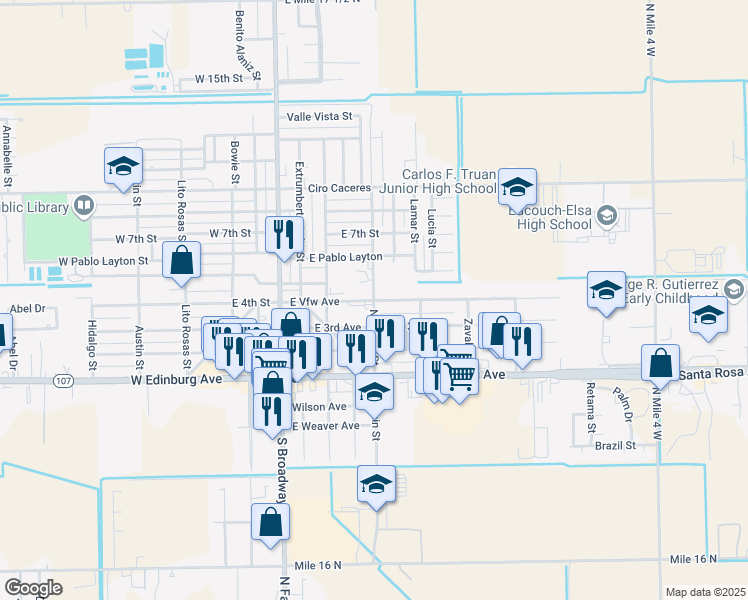 map of restaurants, bars, coffee shops, grocery stores, and more near North Fannin Street in Elsa