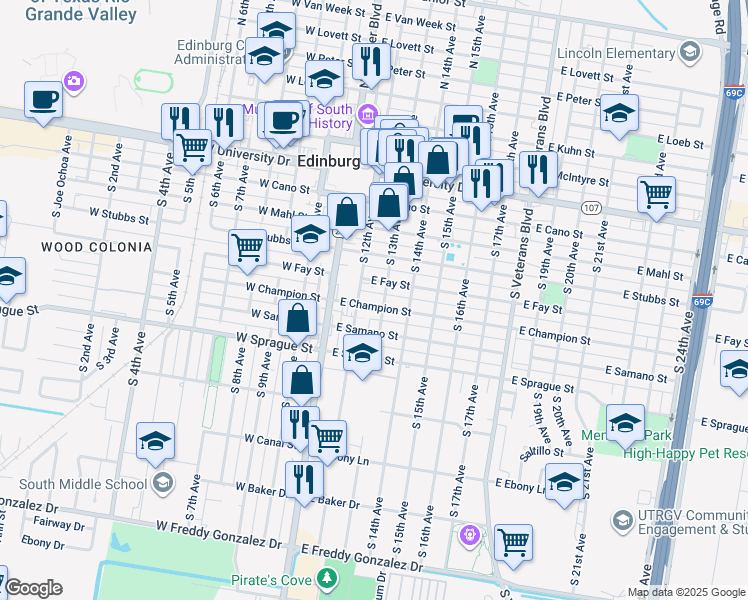 map of restaurants, bars, coffee shops, grocery stores, and more near 213 East Champion Street in Edinburg