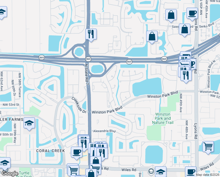 map of restaurants, bars, coffee shops, grocery stores, and more near 5403 Northwest 55th Terrace in Coconut Creek