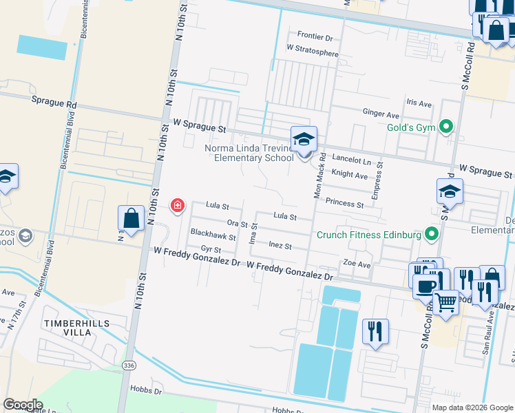 map of restaurants, bars, coffee shops, grocery stores, and more near 1201 Ima Street in McAllen