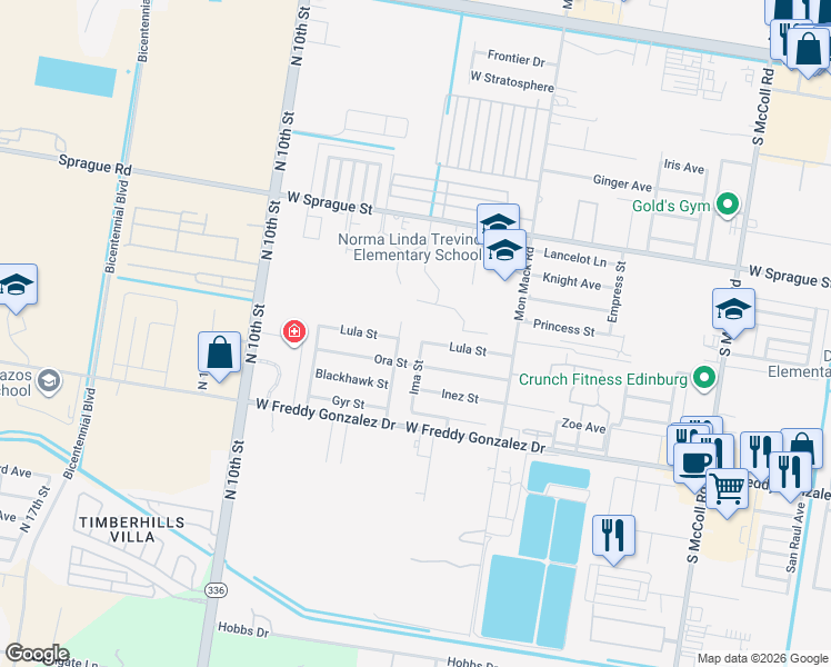 map of restaurants, bars, coffee shops, grocery stores, and more near 1201 Ima St in McAllen