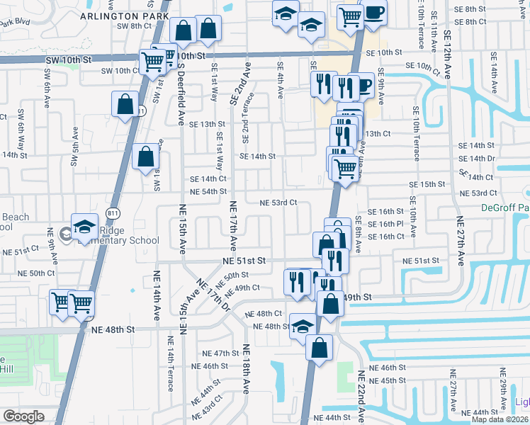 map of restaurants, bars, coffee shops, grocery stores, and more near 1873 Northeast 53rd Street in Pompano Beach