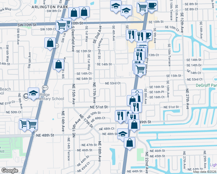 map of restaurants, bars, coffee shops, grocery stores, and more near 1873 Northeast 53rd Street in Pompano Beach
