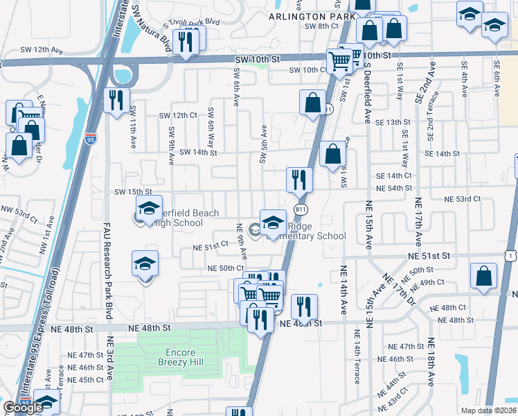map of restaurants, bars, coffee shops, grocery stores, and more near 5320 Northeast 9th Terrace in Pompano Beach