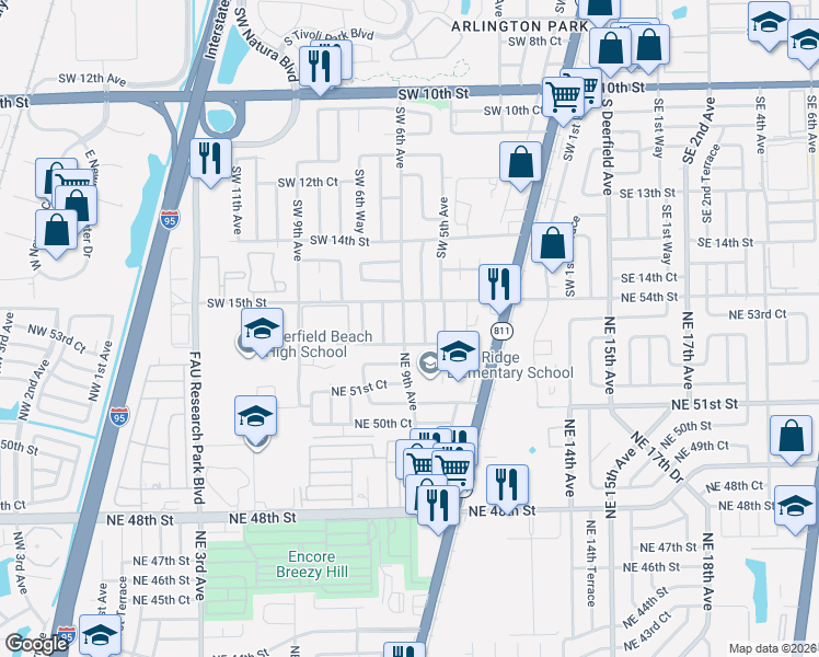 map of restaurants, bars, coffee shops, grocery stores, and more near 5300 Northeast 8th Terrace in Pompano Beach