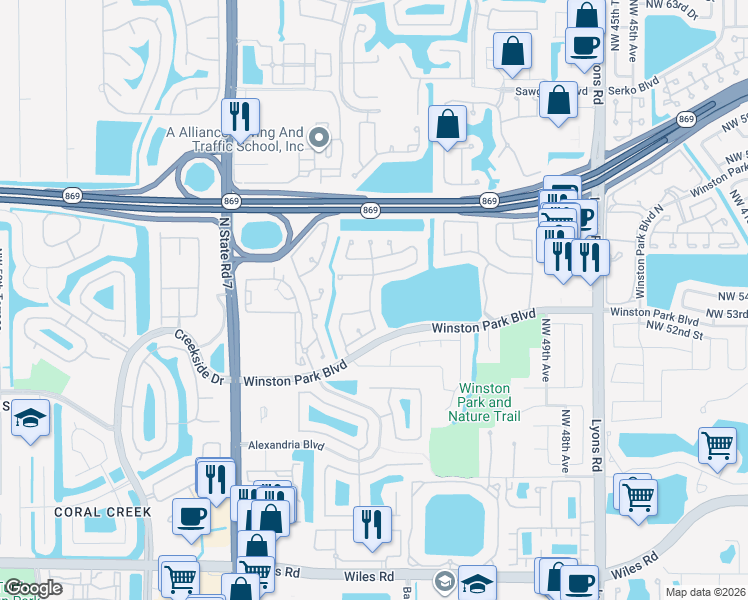 map of restaurants, bars, coffee shops, grocery stores, and more near 5270 Northwest 53rd Avenue in Coconut Creek
