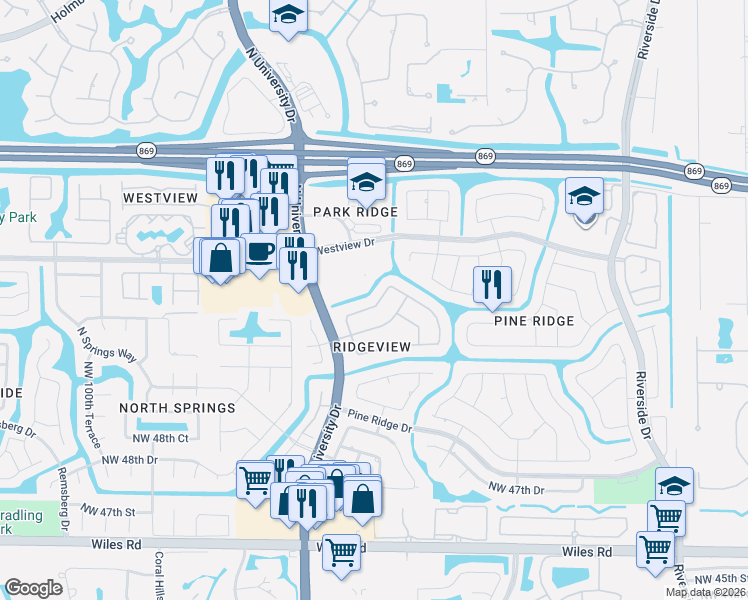 map of restaurants, bars, coffee shops, grocery stores, and more near 8976 Northwest 53rd Manor in Coral Springs