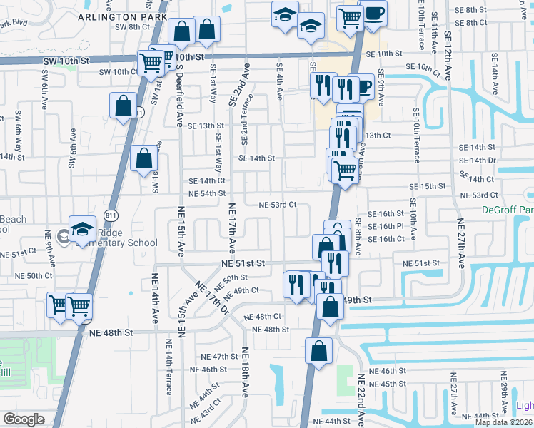 map of restaurants, bars, coffee shops, grocery stores, and more near 1873 Northeast 53rd Street in Pompano Beach