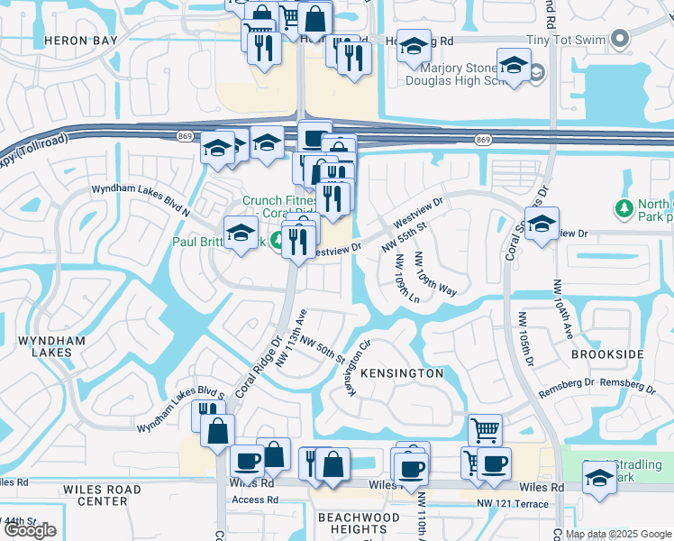 map of restaurants, bars, coffee shops, grocery stores, and more near 5278 Northwest 112th Terrace in Coral Springs