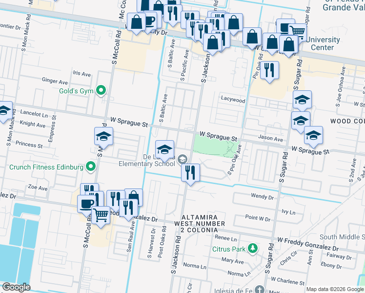 map of restaurants, bars, coffee shops, grocery stores, and more near 821 Park Circle in Edinburg