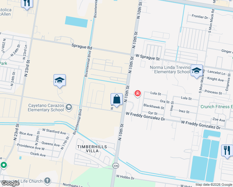 map of restaurants, bars, coffee shops, grocery stores, and more near 10300 North 12th Street in McAllen