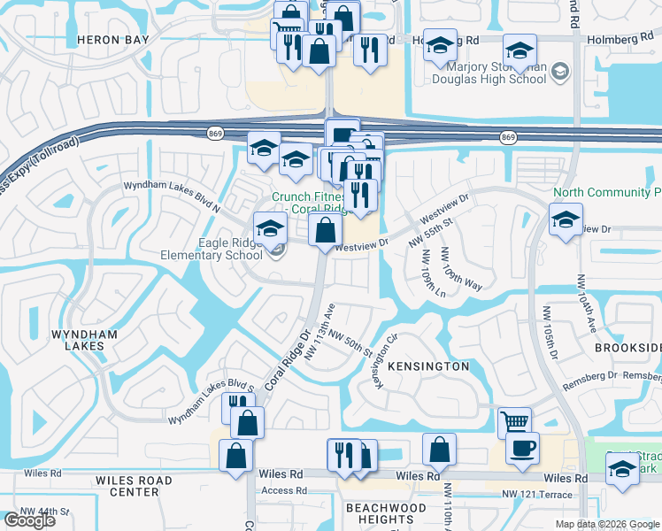 map of restaurants, bars, coffee shops, grocery stores, and more near 5282 Northwest 113th Avenue in Coral Springs