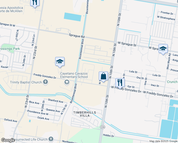map of restaurants, bars, coffee shops, grocery stores, and more near 1300 West Freddy Gonzalez Drive in Edinburg