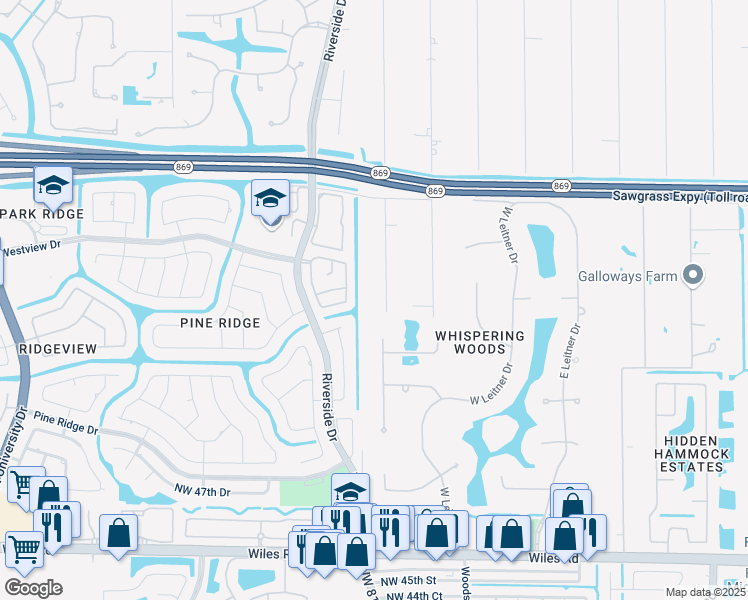 map of restaurants, bars, coffee shops, grocery stores, and more near 5251 Northwest 80th Terrace in Parkland