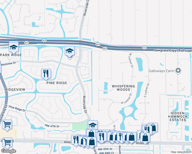 map of restaurants, bars, coffee shops, grocery stores, and more near 5251 Northwest 80th Terrace in Parkland