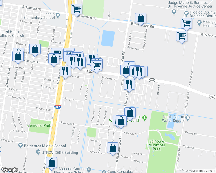 map of restaurants, bars, coffee shops, grocery stores, and more near 211 Marissa Court in Edinburg
