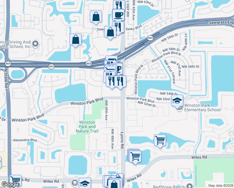 map of restaurants, bars, coffee shops, grocery stores, and more near 5321 Lyons Rd in Coconut Creek