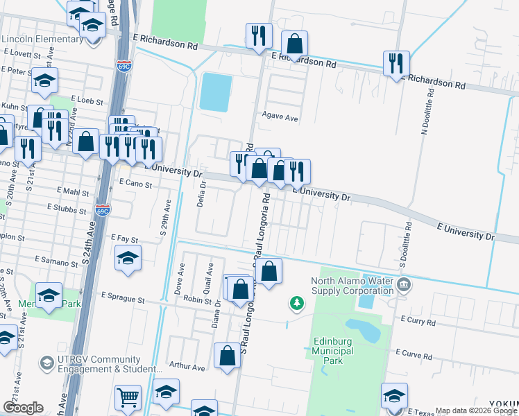 map of restaurants, bars, coffee shops, grocery stores, and more near 205 South Raul Longoria Road in Edinburg