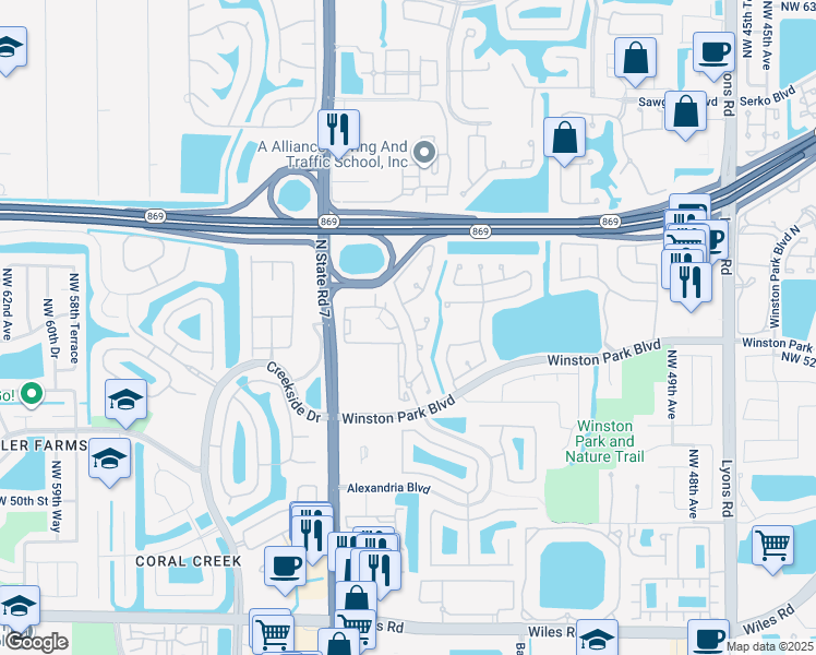map of restaurants, bars, coffee shops, grocery stores, and more near 5413 Northwest 55th Terrace in Coconut Creek
