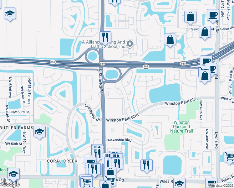 map of restaurants, bars, coffee shops, grocery stores, and more near 5400 Northwest 55th Boulevard in Coconut Creek