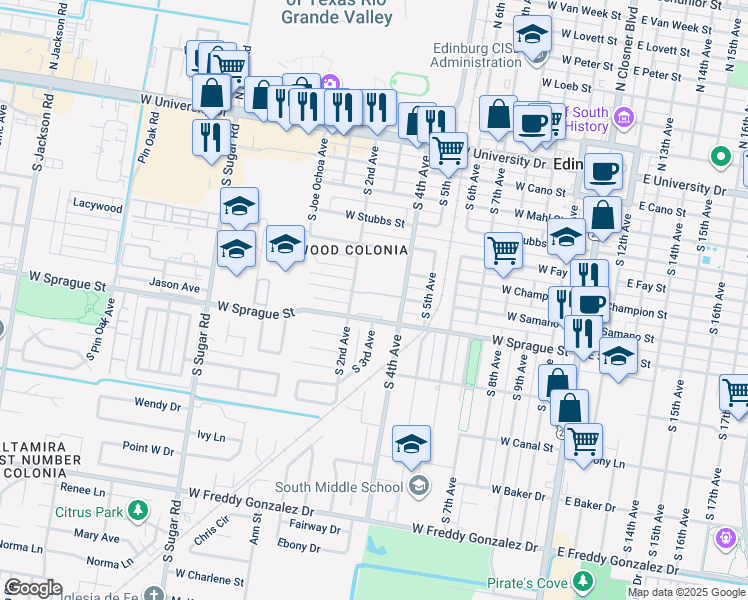 map of restaurants, bars, coffee shops, grocery stores, and more near 701 South 4th Avenue in Edinburg