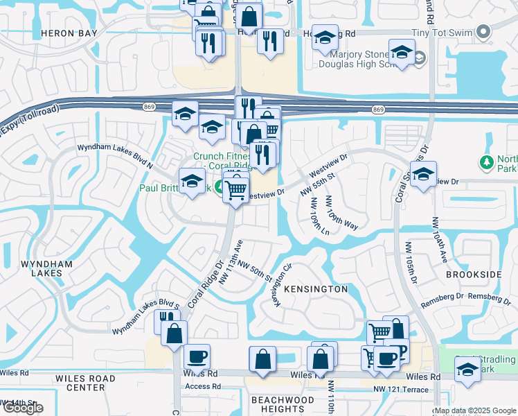map of restaurants, bars, coffee shops, grocery stores, and more near 5278 Northwest 112th Terrace in Coral Springs
