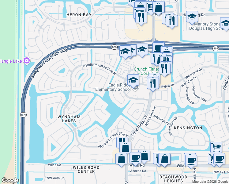 map of restaurants, bars, coffee shops, grocery stores, and more near 5303 Northwest 117th Avenue in Coral Springs