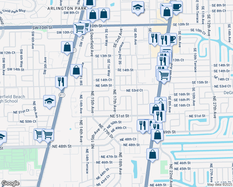 map of restaurants, bars, coffee shops, grocery stores, and more near 5318 Northeast 17th Avenue in Pompano Beach