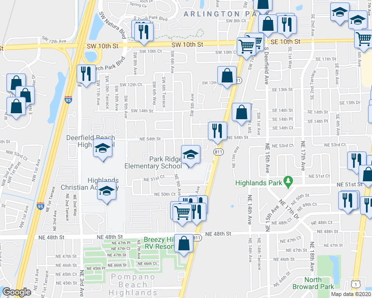 map of restaurants, bars, coffee shops, grocery stores, and more near 5320 Northeast 9th Terrace in Pompano Beach