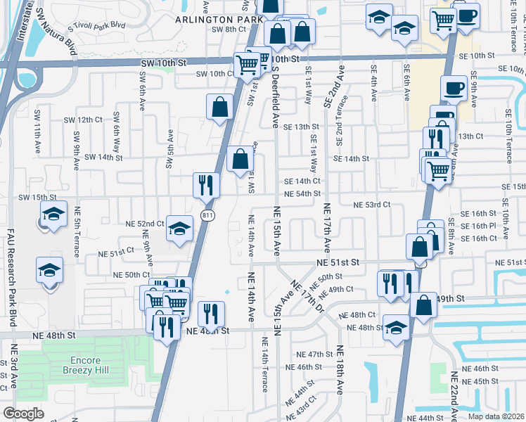 map of restaurants, bars, coffee shops, grocery stores, and more near 1444 Northeast 53rd Court in Pompano Beach