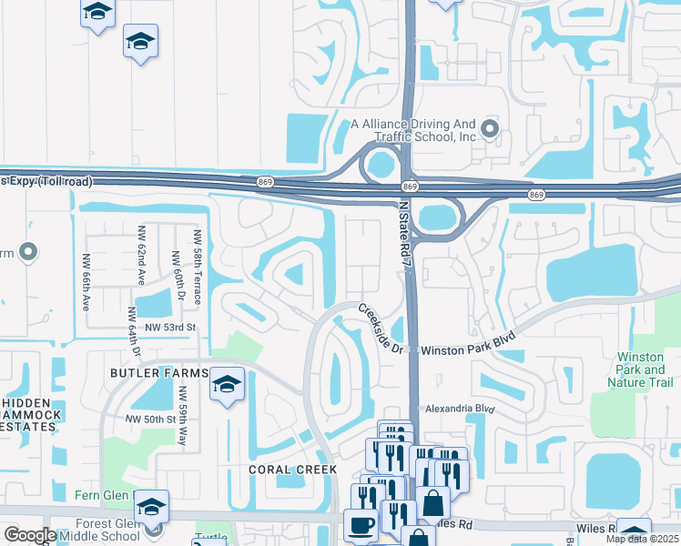 map of restaurants, bars, coffee shops, grocery stores, and more near 5353 Northwest 57th Way in Coral Springs