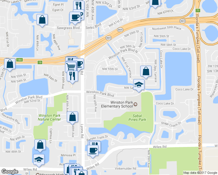 map of restaurants, bars, coffee shops, grocery stores, and more near 4352 Northwest 54th Street in Coconut Creek