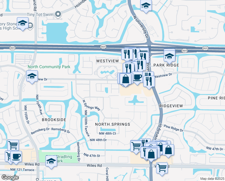 map of restaurants, bars, coffee shops, grocery stores, and more near 9850 Northwest 53rd Court in Coral Springs