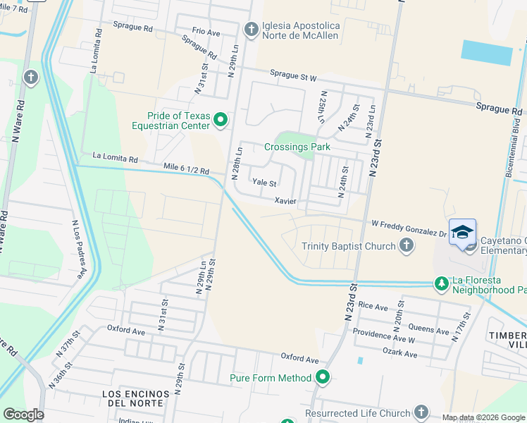 map of restaurants, bars, coffee shops, grocery stores, and more near 2701 Xavier in McAllen