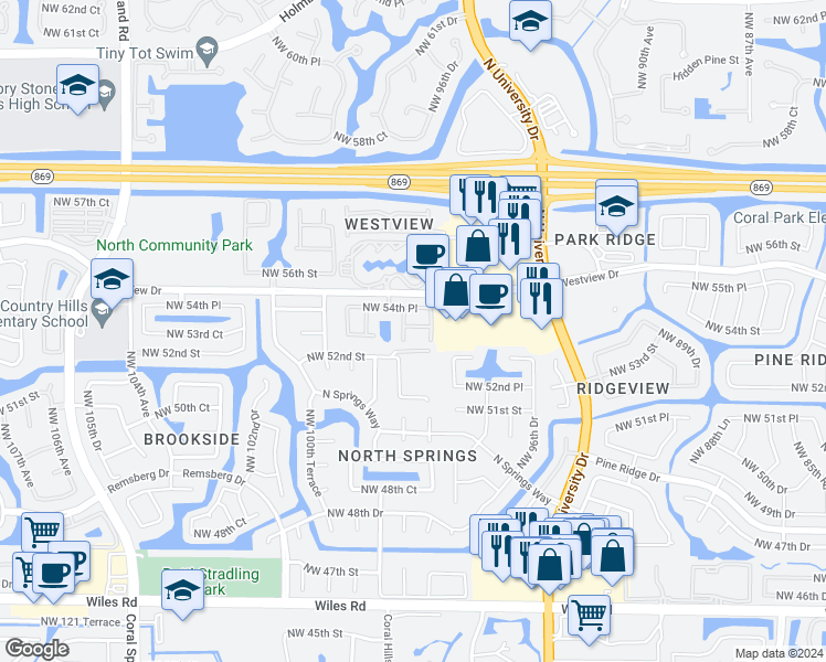 map of restaurants, bars, coffee shops, grocery stores, and more near 9842 Northwest 53rd Court in Coral Springs