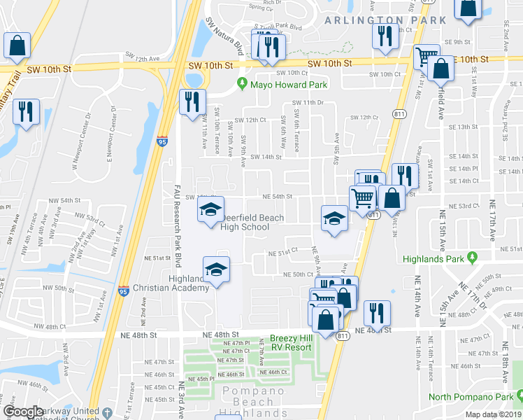map of restaurants, bars, coffee shops, grocery stores, and more near 5380 Northeast 5th Terrace in Pompano Beach