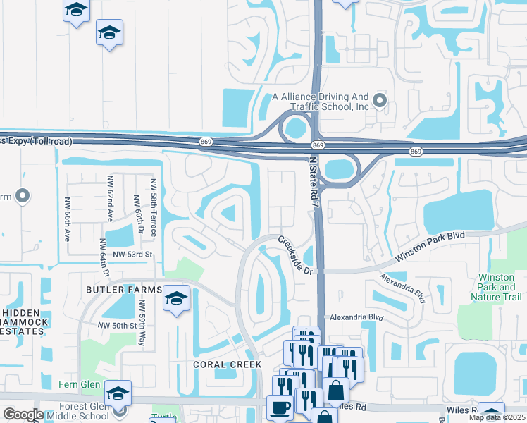 map of restaurants, bars, coffee shops, grocery stores, and more near 5353 Northwest 57th Way in Coral Springs